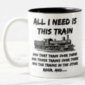 Alles wat ik nodig heb is deze stoomtrainmotor en  tweekleurige koffiemok