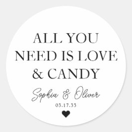 ALLES WAT JE NODIG HEBT IS LIEFDE EN SNOEP hart br Ronde Sticker