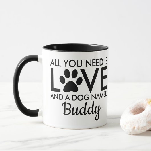 Alles wat je nodig hebt is Love Dog Name Typografi Mok (Met donut)