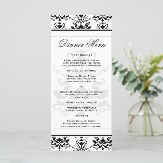 Alles wit met zwart Damask Slim Dinner Menu (Staand voorkant)
