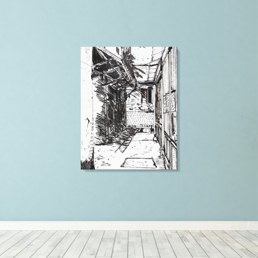 Alleyway Saigon Vietnam Cityscape Pen en Ink Art Canvas Afdruk (Insitu (Houten vloer))