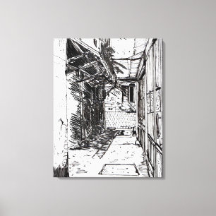 Alleyway Saigon Vietnam Cityscape Pen en Ink Art Canvas Afdruk