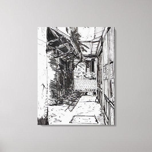 Alleyway Saigon Vietnam Cityscape Pen en Ink Art Canvas Afdruk (Voorkant)