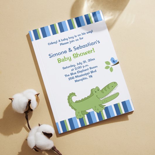 Alligator Baby shower Invitation Blue/Green 4x6 Kaart