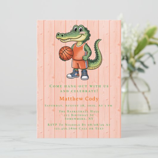 Alligator Basketbal verjaardagsfeestje voor jongen Kaart (Staand voorkant)