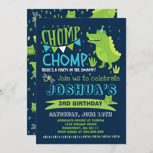 Alligator Birthday Invitation Crocodile Party Kaart (Voorkant / Achterkant)