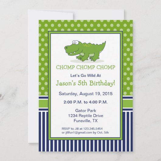 Alligator Birthday Party Invitation Blue en Green Kaart (Voorkant)