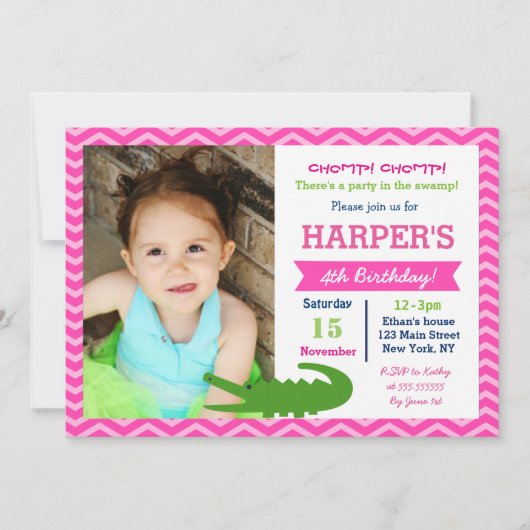 Alligator Birthday Party Invitations for Girl Kaart (Voorkant)