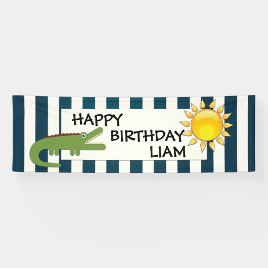 Alligator Blauw en Wit Nautisch Verjaardagsbanner Spandoek (Horizontaal)