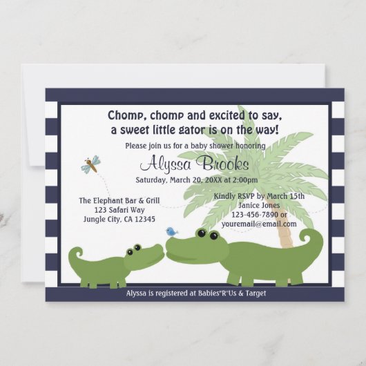 Alligator Blue striped baby shower nodigt AMP uit Kaart (Voorkant)
