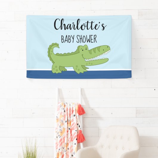 Alligator Boy Baby shower Green Blue Signage Spandoek (Insitu)