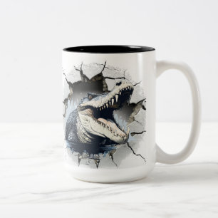 alligator die uit een muur komt tweekleurige koffiemok