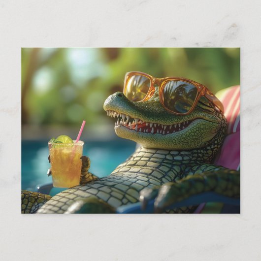 Alligator Genietend van een Cocktail bij het Zwemb Feestdagenkaart (Voorkant)