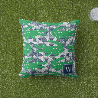  Alligator Greek Key- Green & Navy Monogram Buitenkussen