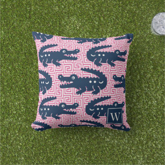  Alligator Greek Key- Hot Pink & Navy Monogram Buitenkussen