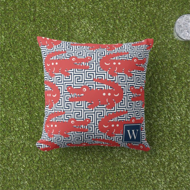  Alligator Greek Key- Red & Navy Monogram Buitenkussen (Gras)
