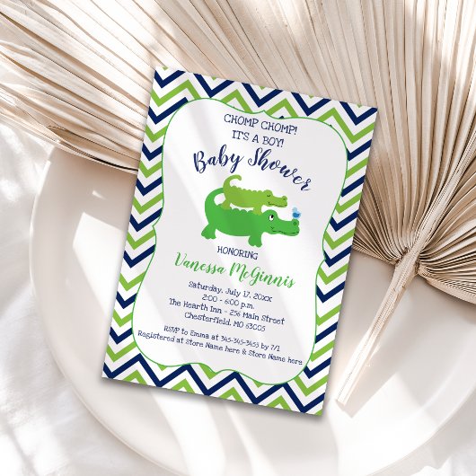 Alligator Groen Blauw Jongens Baby Shower Uitnodig Kaart