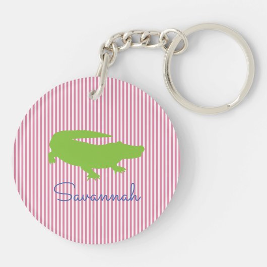 Alligator Groene roze Preppy Gepersonaliseerde Naa Sleutelhanger (Achterkant)