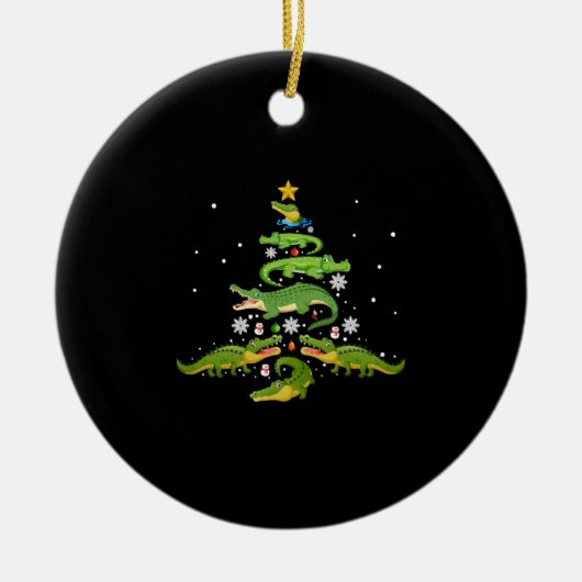 Alligator met kerstboomkoorts met loopvlakverlicht keramisch ornament (Voorkant)