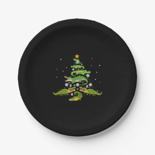 Alligator met kerstboomkoorts met loopvlakverlicht papieren bordje