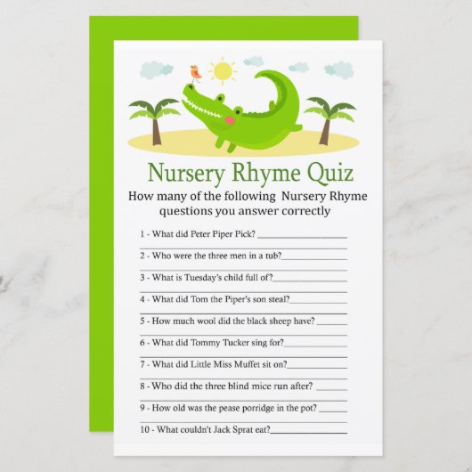 Alligator Nursery Rhyme Quiz baby shower game (Voorkant / Achterkant)