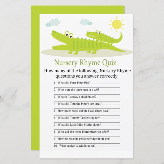 Alligator Nursery Rhyme Quiz baby shower game (Voorkant / Achterkant)
