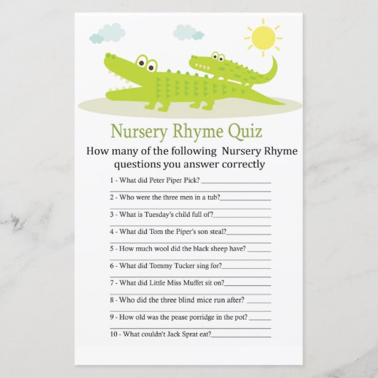 Alligator Nursery Rhyme Quiz baby shower game (Voorkant)