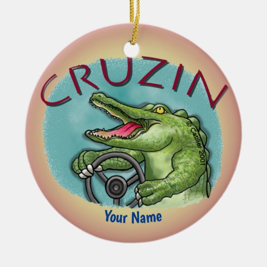 Alligator rijdt in auto keramisch ornament (Voorkant)