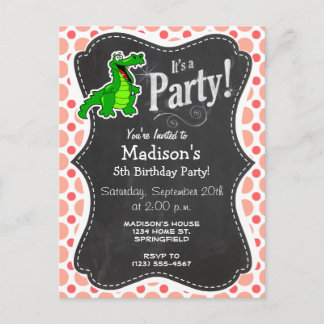 Alligator; Roze en koraalpokadots Uitnodiging Briefkaart