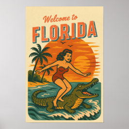 Alligator Surfing Beach Pin-up | Retro Coastal Art Poster