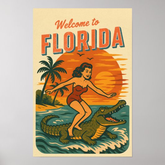 Alligator Surfing Beach Pin-up | Retro Coastal Art Poster (Voorkant)