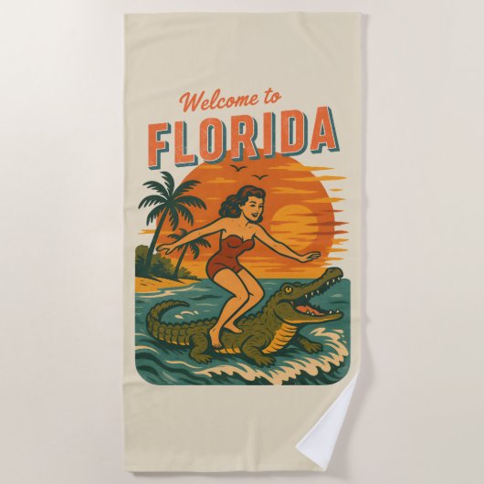 Alligator Surfing Beach Pin-up | Retro Coastal Art Strandlaken (Voorkant)