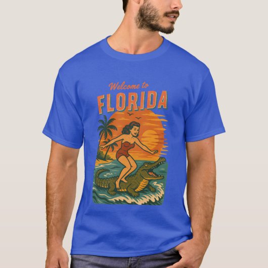 Alligator Surfing Beach Pin-up Retro Coastal Life T-shirt (Voorkant)