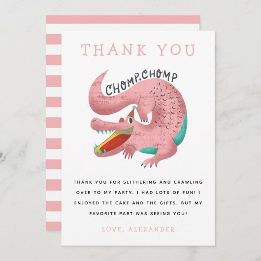 Alligator Thema Verjaardagsfeestje Roze Bedankkaar Bedankkaart (Voorkant / Achterkant)