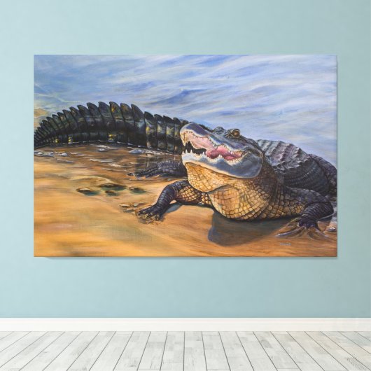 Alligator. Van aangezicht tot aangezicht Canvas Afdruk (Insitu (Houten vloer))