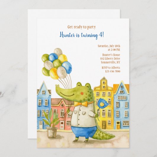 Alligator verjaardagsfeestje kaart (Voorkant / Achterkant)