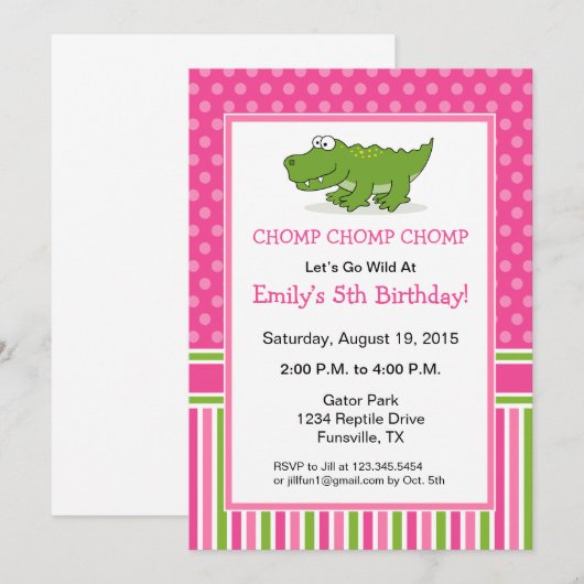 Alligator verjaardagsfeestje uitnodiging roze (Voorkant / Achterkant)