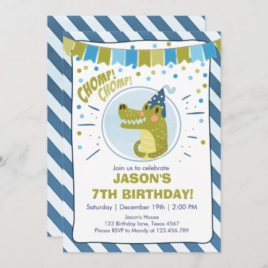 Alligator verjaardagsuitnodiging Alligator party B Kaart (Voorkant / Achterkant)