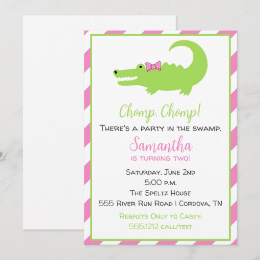 Alligator verjaardagsuitnodiging voor meisjes feestdagenkaart (Voorkant / Achterkant)