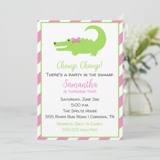 Alligator verjaardagsuitnodiging voor meisjes feestdagenkaart (Staand voorkant)