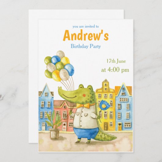 Alligator Waterverf Crocodile Birthday Uitnodiging (Voorkant / Achterkant)