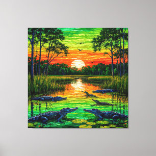 Alligatorbegroeide Rivieroever bij Zonsondergang Canvas Afdruk