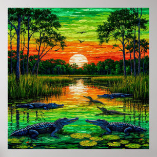 Alligatorbegroeide rivieroever bij zonsondergang poster
