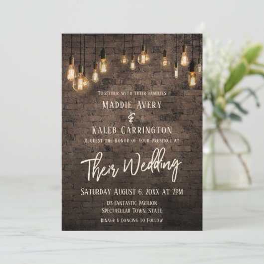 Allison's v4 Brick Edison Lights Bruiloft Kaart (Staand voorkant)