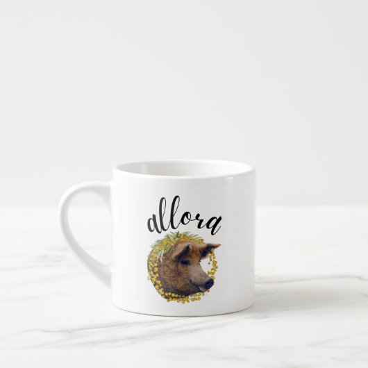 Allora (met een wollig varken & mimosa bloemenkran espresso kop (Links)