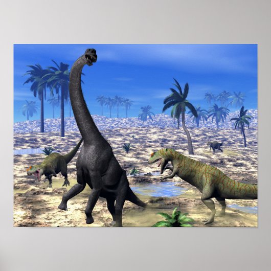 Allosaurus die brachiosaurus dinosaur aanvalt poster (Voorkant)