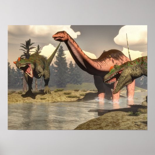 Allosaurus jaagt op grote brontosaurus dinosaur poster (Voorkant)