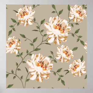 allover brown flower Patroon op blauwe achtergrond Poster