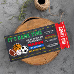 Allstar Sport Ticket Birthday Uitnodiging<br><div class="desc">Viel je verjaardagsfeest met ons Chalkboard Al star sport verjaardagsfeest Uitnodiging. Design biedt voetbalwedstrijden,  basketbal,  amerikaans football,  honkbal,  rugbyillustraties met bewerkbare "het is een game-tijd,  sluit je bij ons aan om" in speelse stijlteksten op zwarte kerkbordachtergrond te vieren en geef één kaartpasstijl toe aan sportstadions.</div>