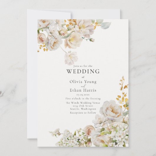 Allure - Witte Rozen & Baby's Breath Bruiloft Invi Kaart (Voorkant)